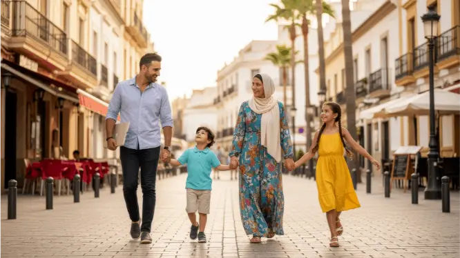 Family walking children to school in Sarrià