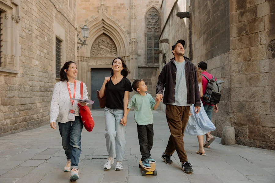 Family walking through elegant Barcelona