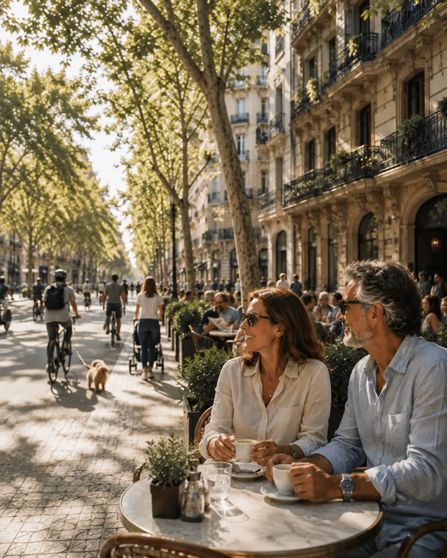 An international couple enjoying coffee on a lively, tree-lined Barcelona boulevard