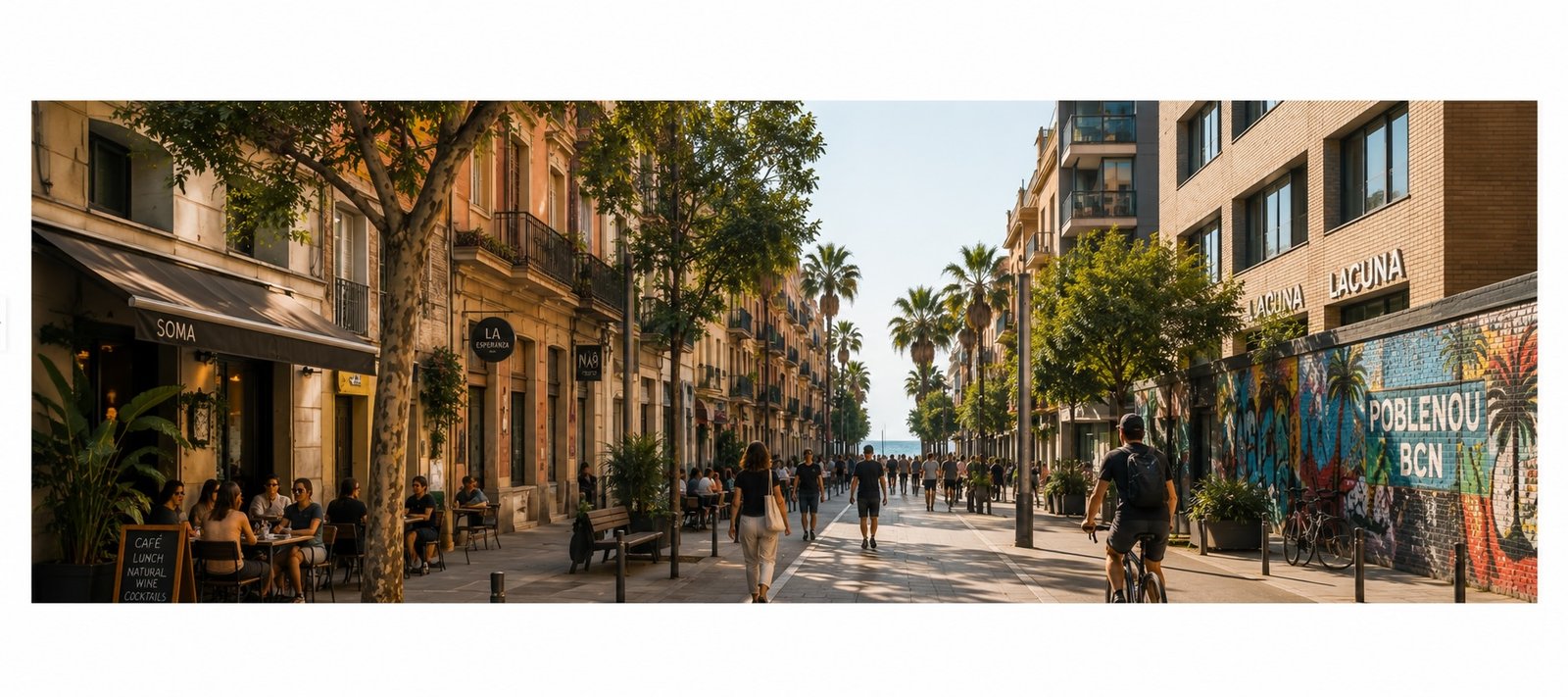 Poblenou and Sant Martí in Barcelona, showing modern architecture, trees and the coastal urban environment