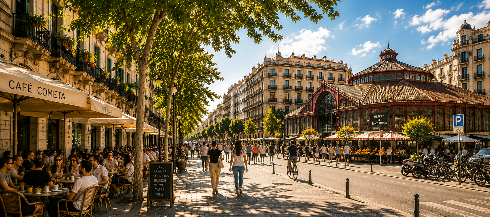 Sant Antoni in Barcelona, with traditional architecture, cafés and neighbourhood street life