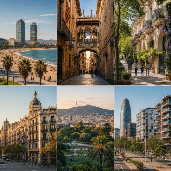Six views of Barcelona showing its beach, historic streets, family neighbourhoods, elegant architecture, green spaces and modern districts