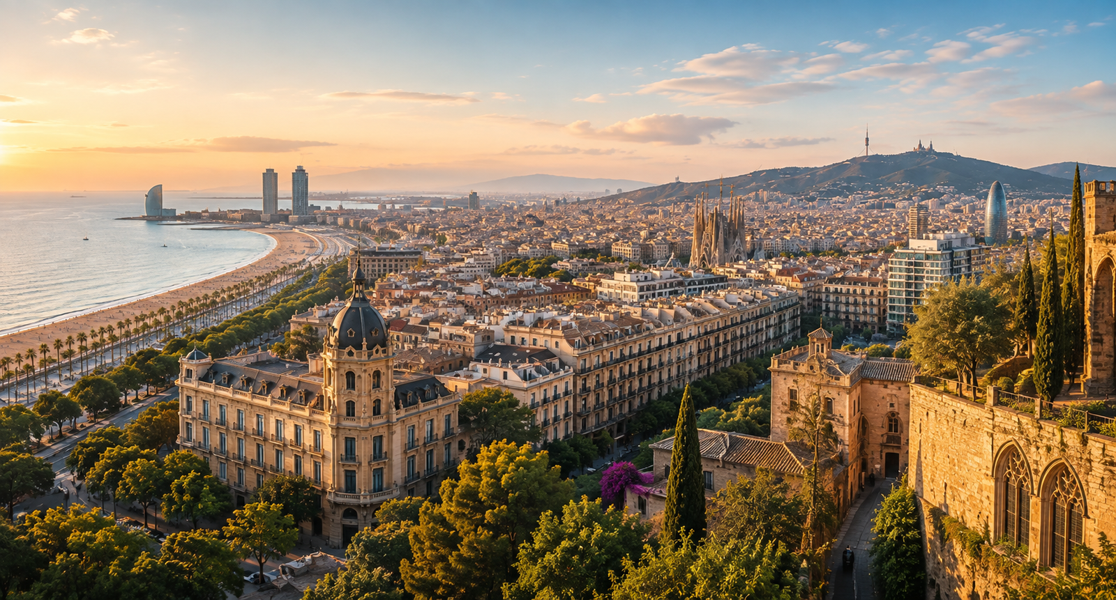 Panoramic view across Barcelona from the Mediterranean to Tibidabo